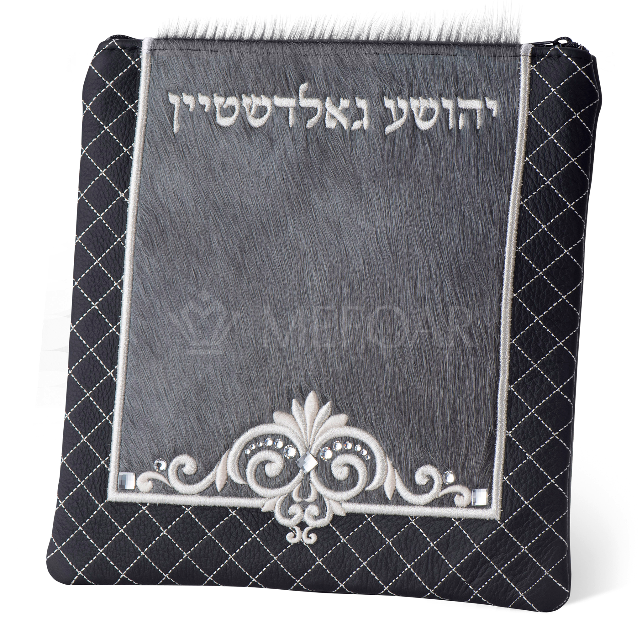 Tallis and Tefillin Bag Design 385 - Black Leather and Fur