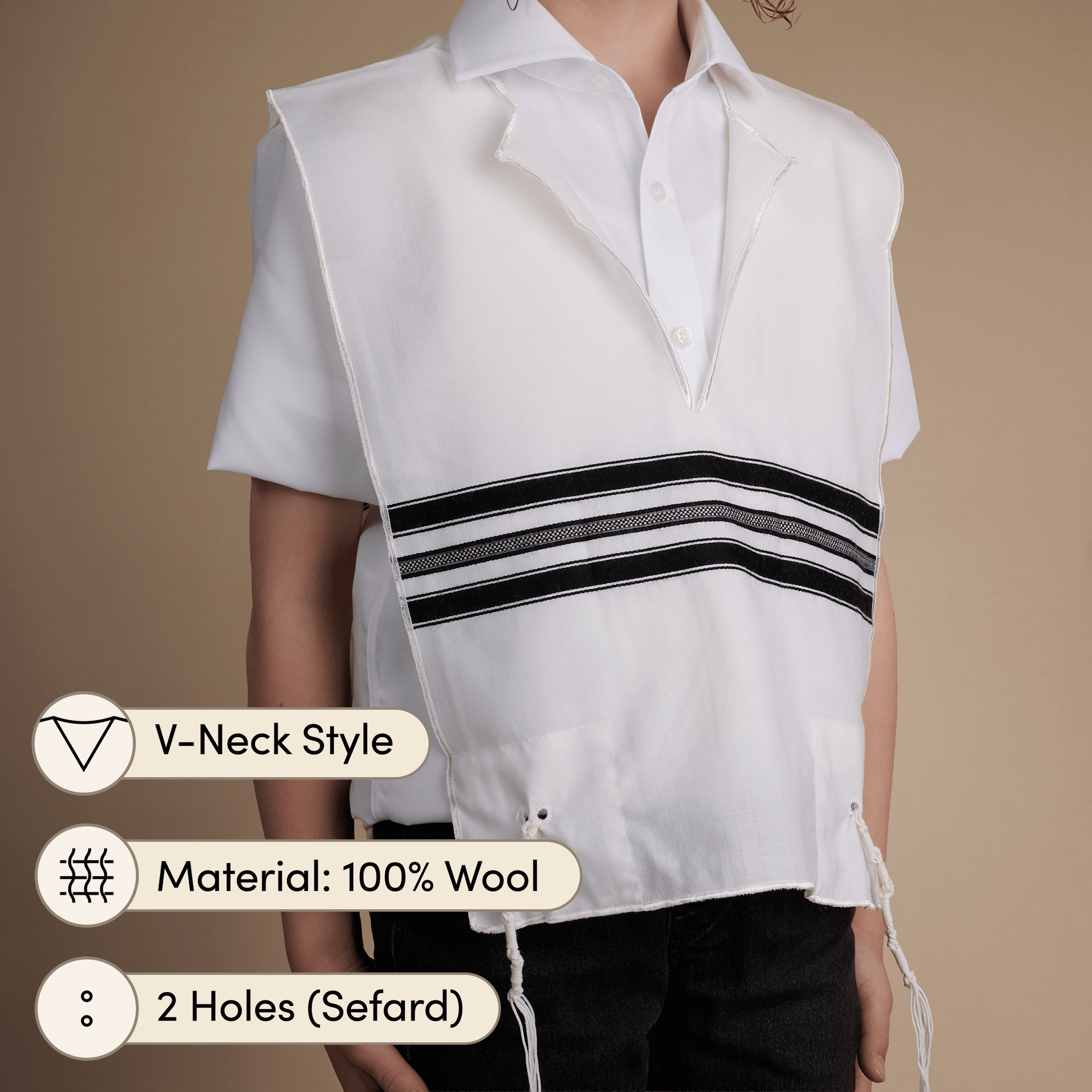 KIDS Wool Tzitzis, V Neck, 2 Hole, Avodas Yad Thin Strings mefoar-online