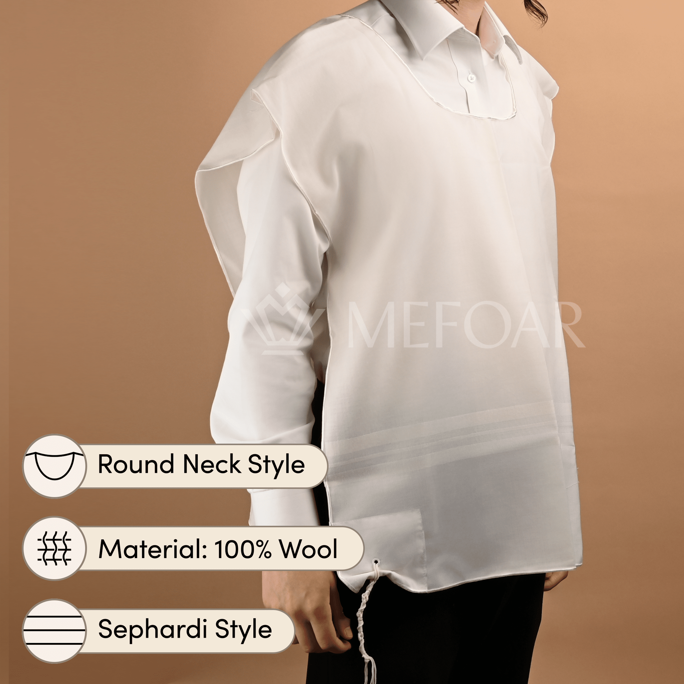 Wool Sephardi Style Tzitzis, Round Neck, 1 Hole mefoar-online