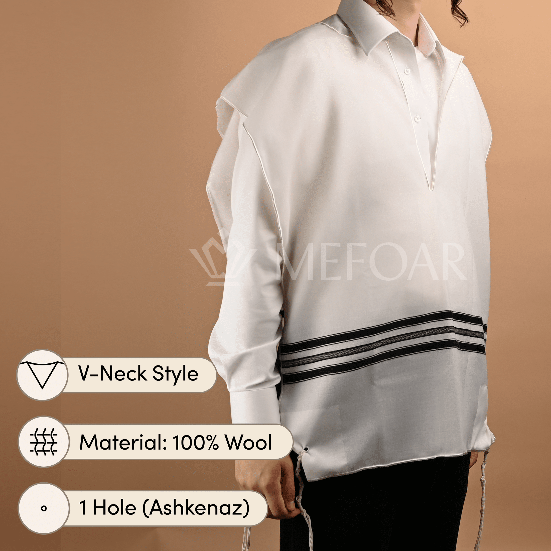 Wool Tzitzis, V Neck, 1 Hole mefoar-online