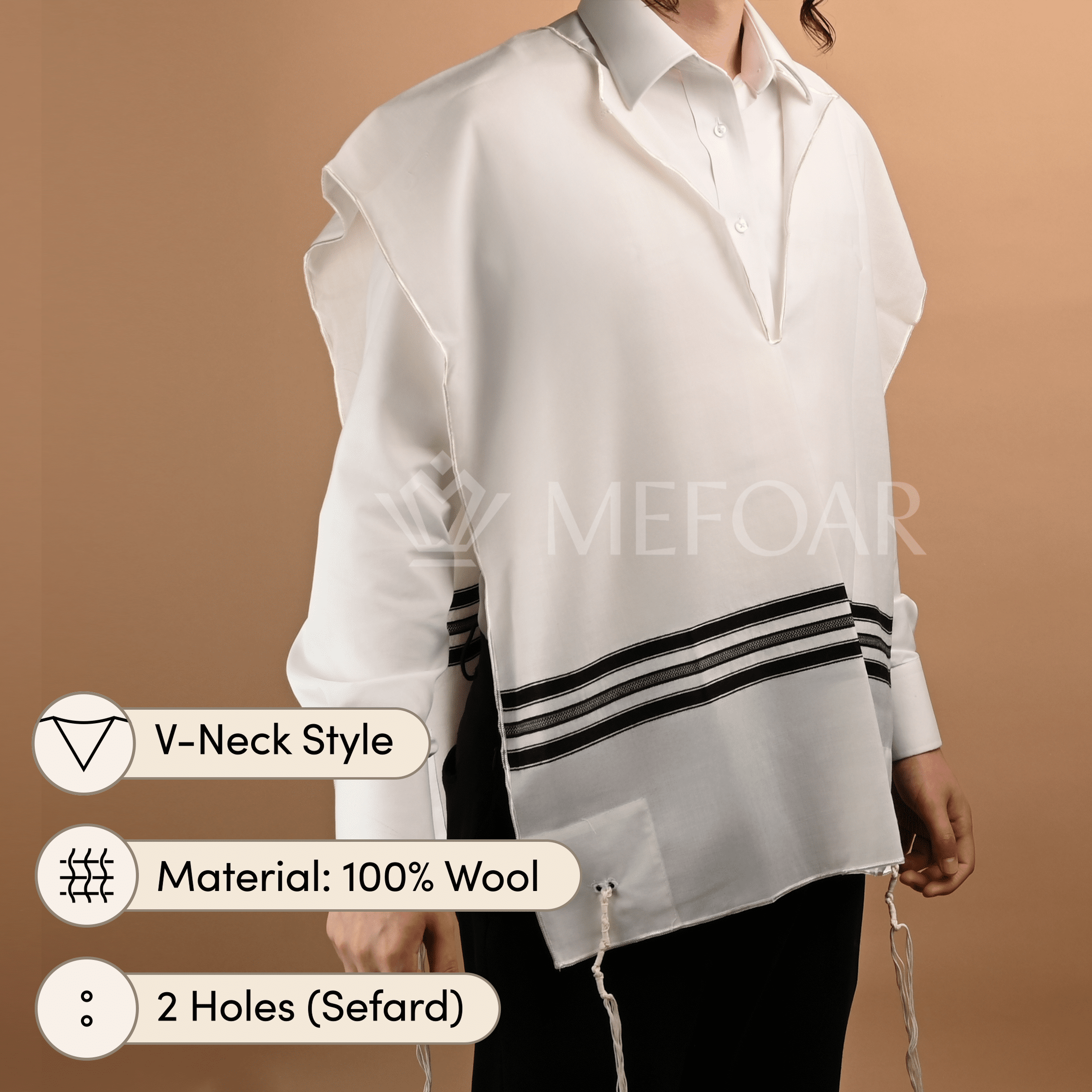 Wool Tzitzis, V Neck, 2 Hole mefoar-online