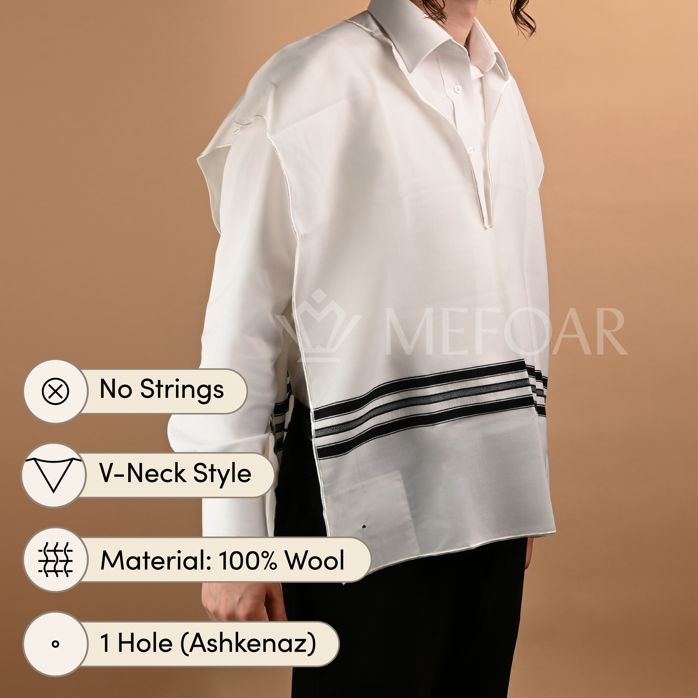 Wool Tzitzis, V Neck, 1 Hole