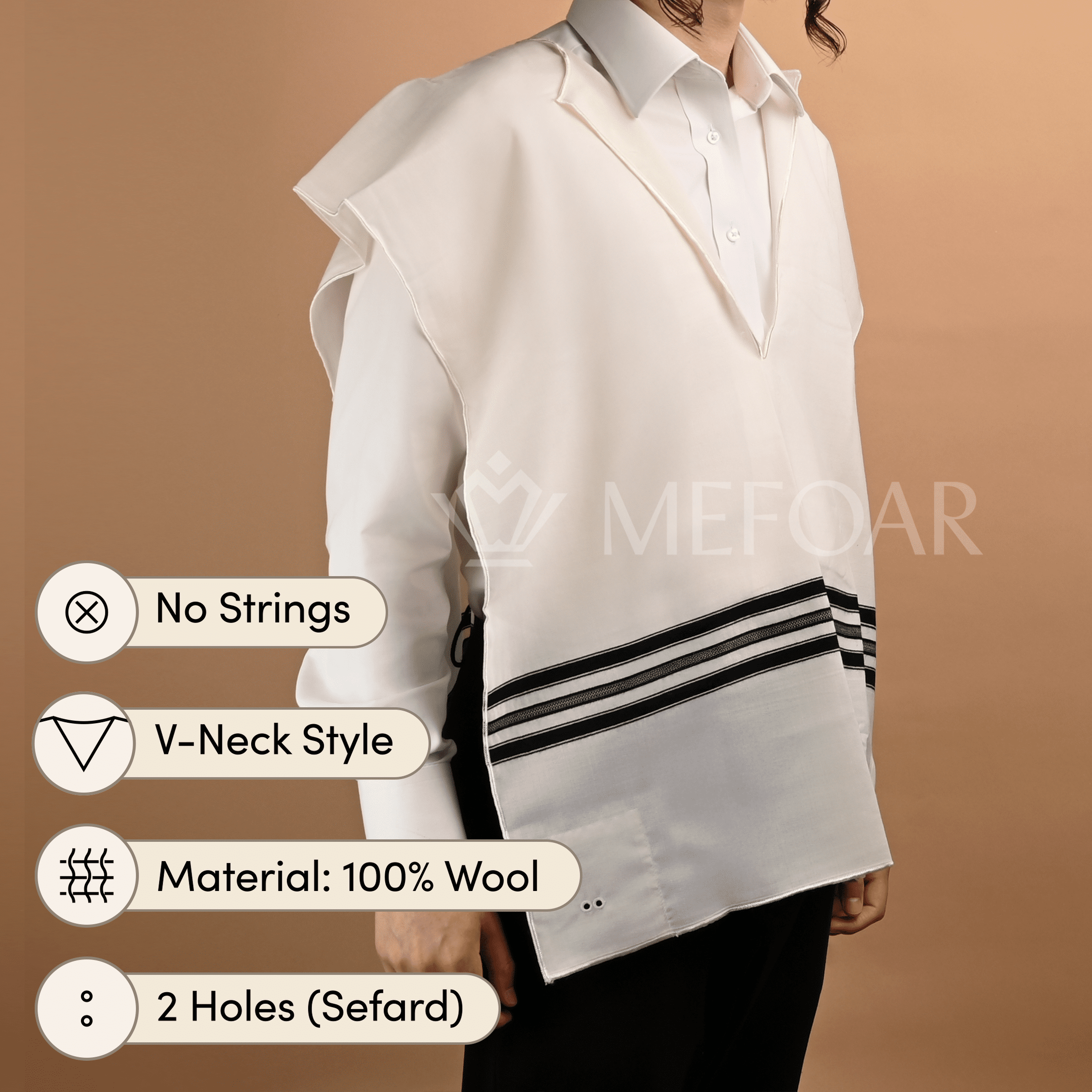 Wool Tzitzis, V Neck, 2 Hole mefoar-online