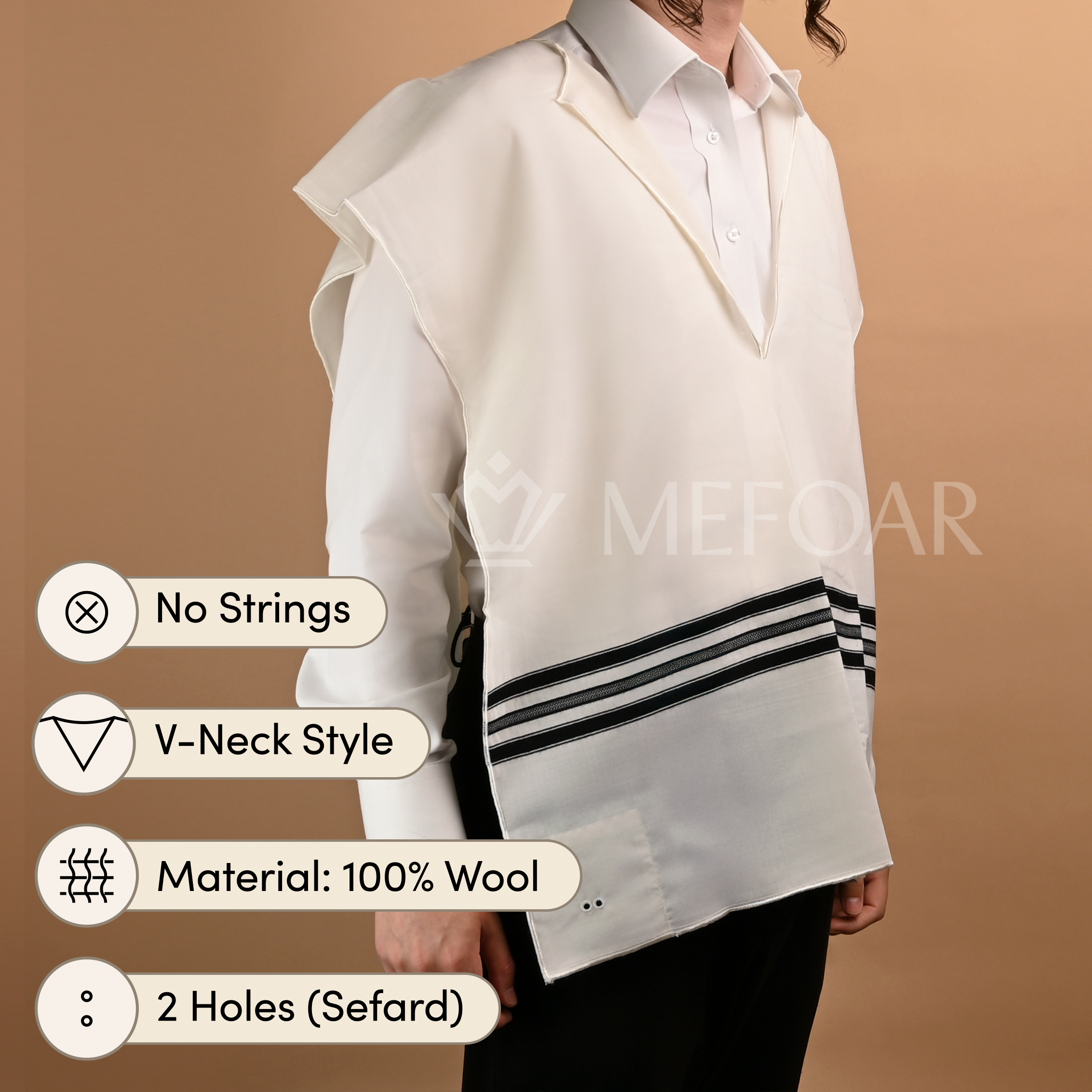 Wool Tzitzis, V Neck, 2 Hole