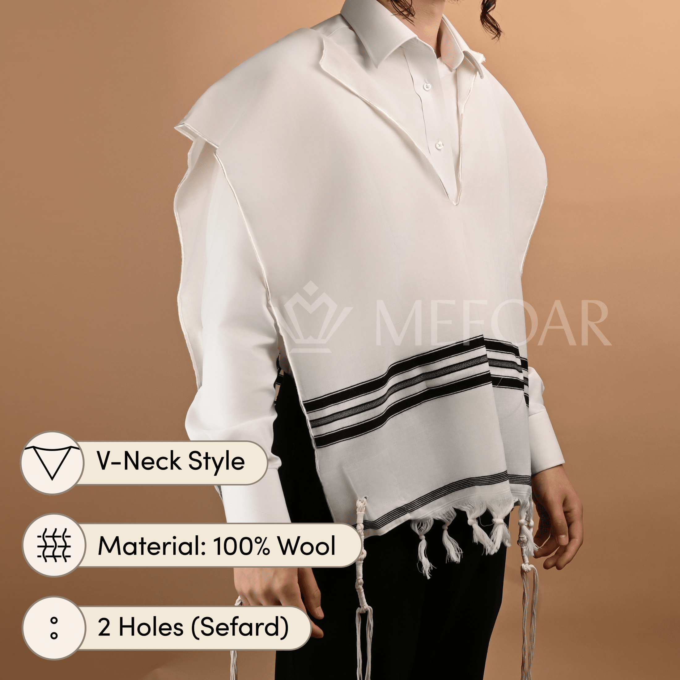 Wool Tzitzis with Fringes, V Neck, 2 Hole mefoar-online