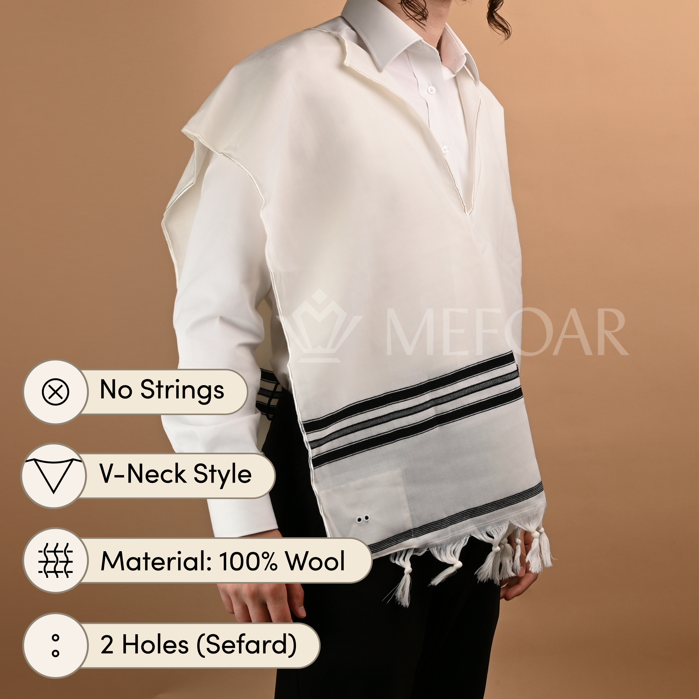 Wool Tzitzis with Fringes, V Neck, 2 Hole