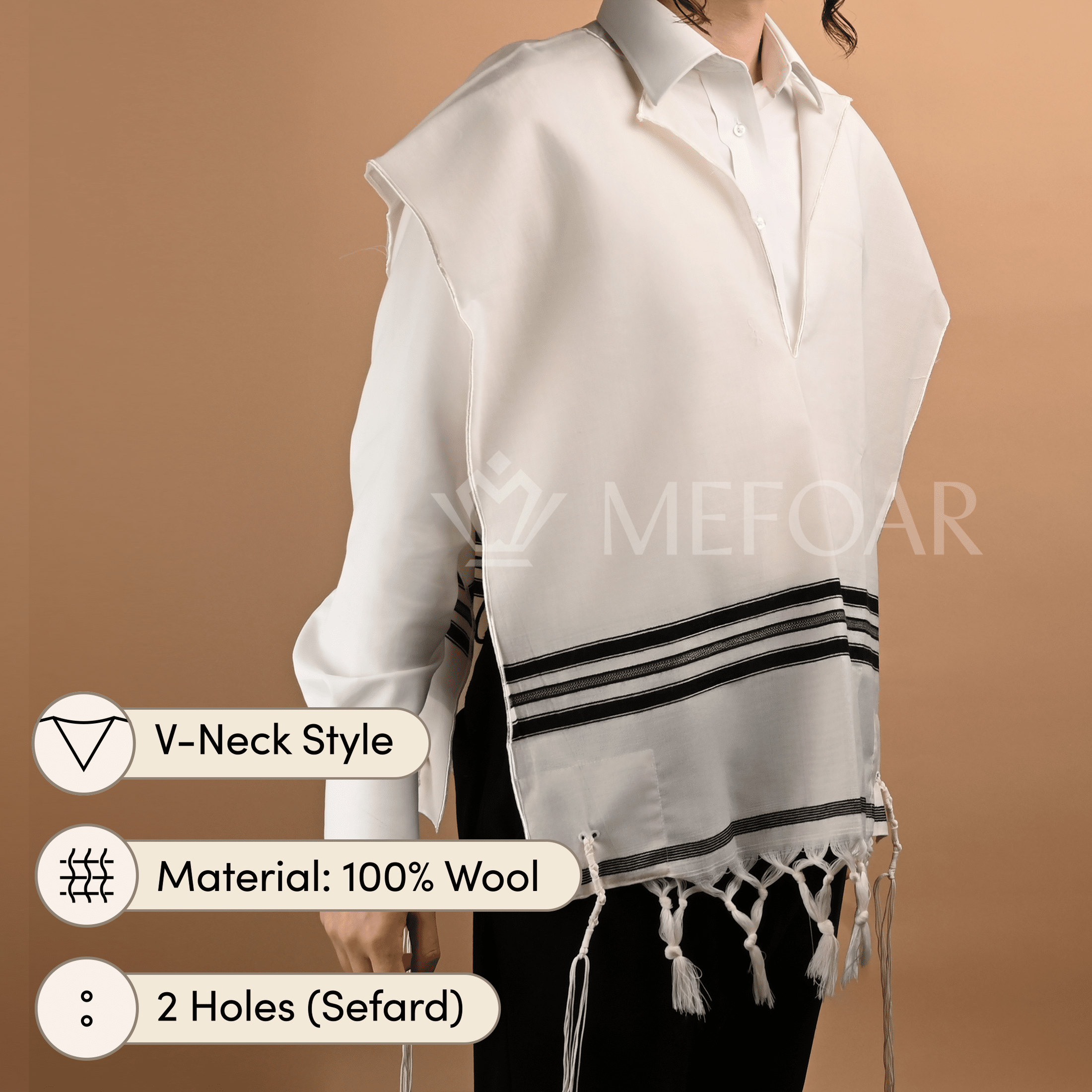 Wool Tzitzis with Fringes, V Neck, 2 Hole mefoar-online
