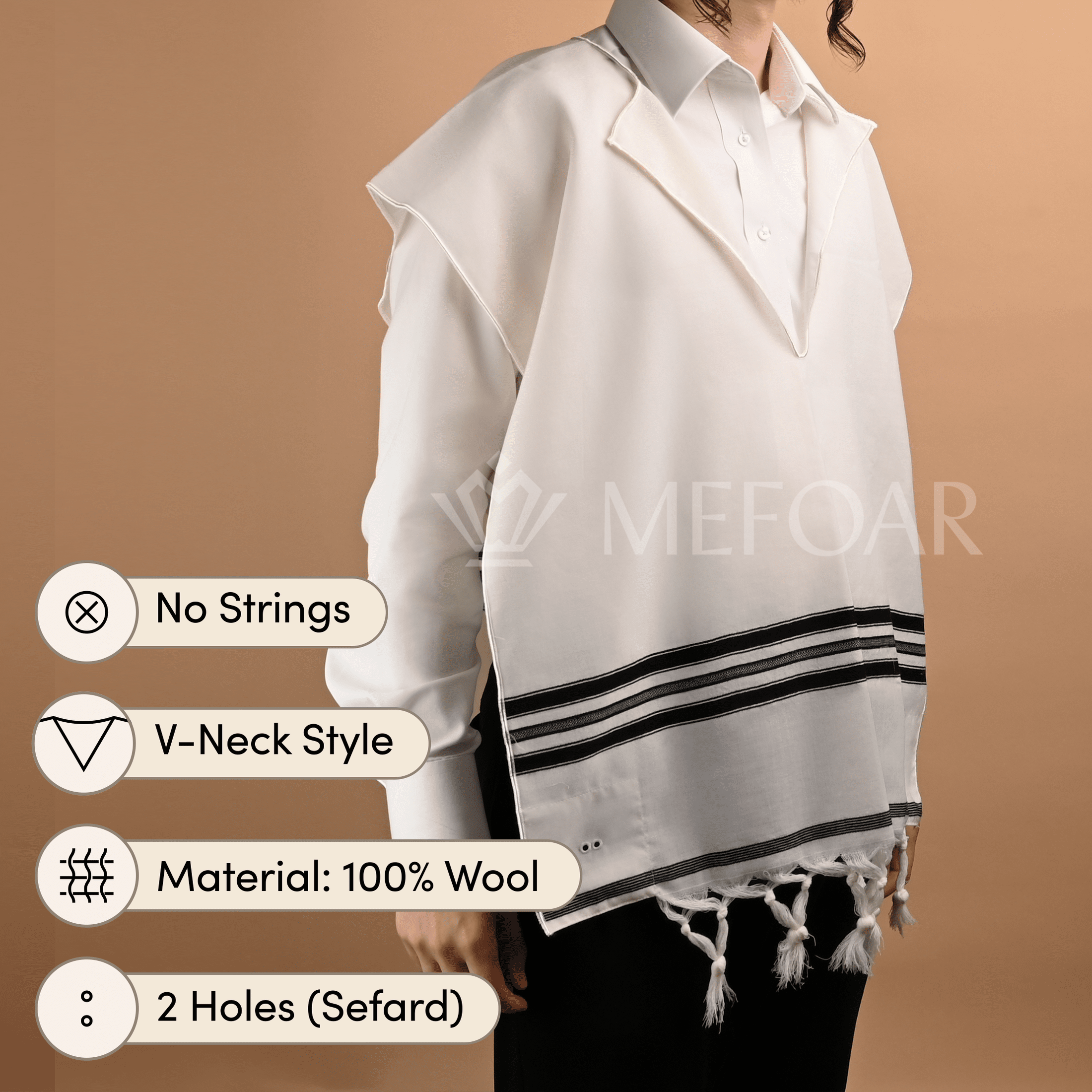 Wool Tzitzis with Fringes, V Neck, 2 Hole mefoar-online