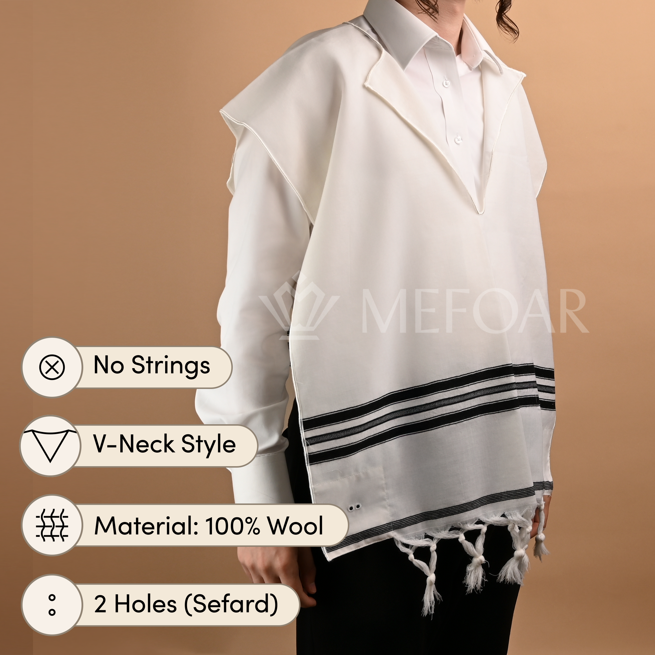 Wool Tzitzis with Fringes, V Neck, 2 Hole