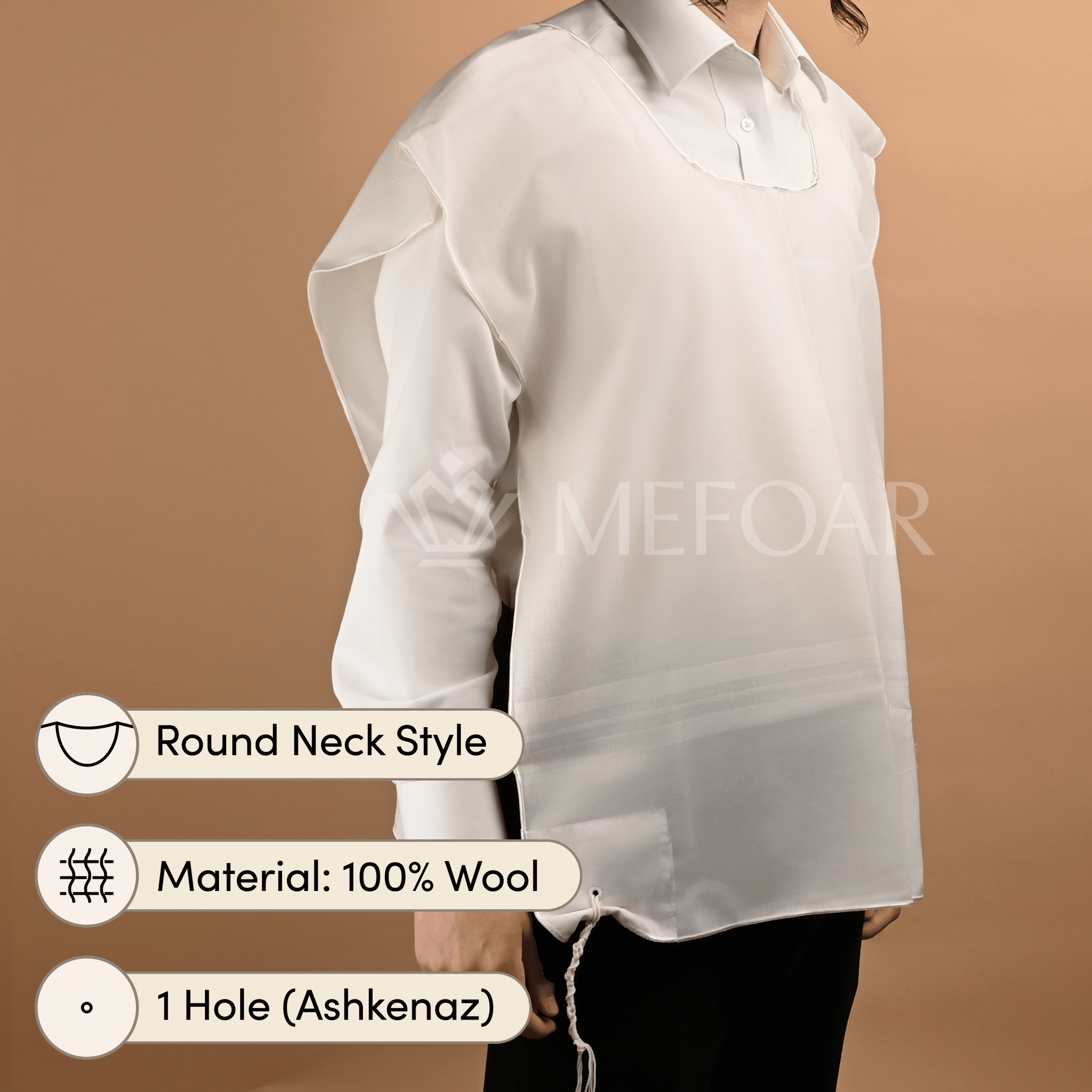 Wool White on White Tzitzis, Round Neck, 1 Hole mefoar-online