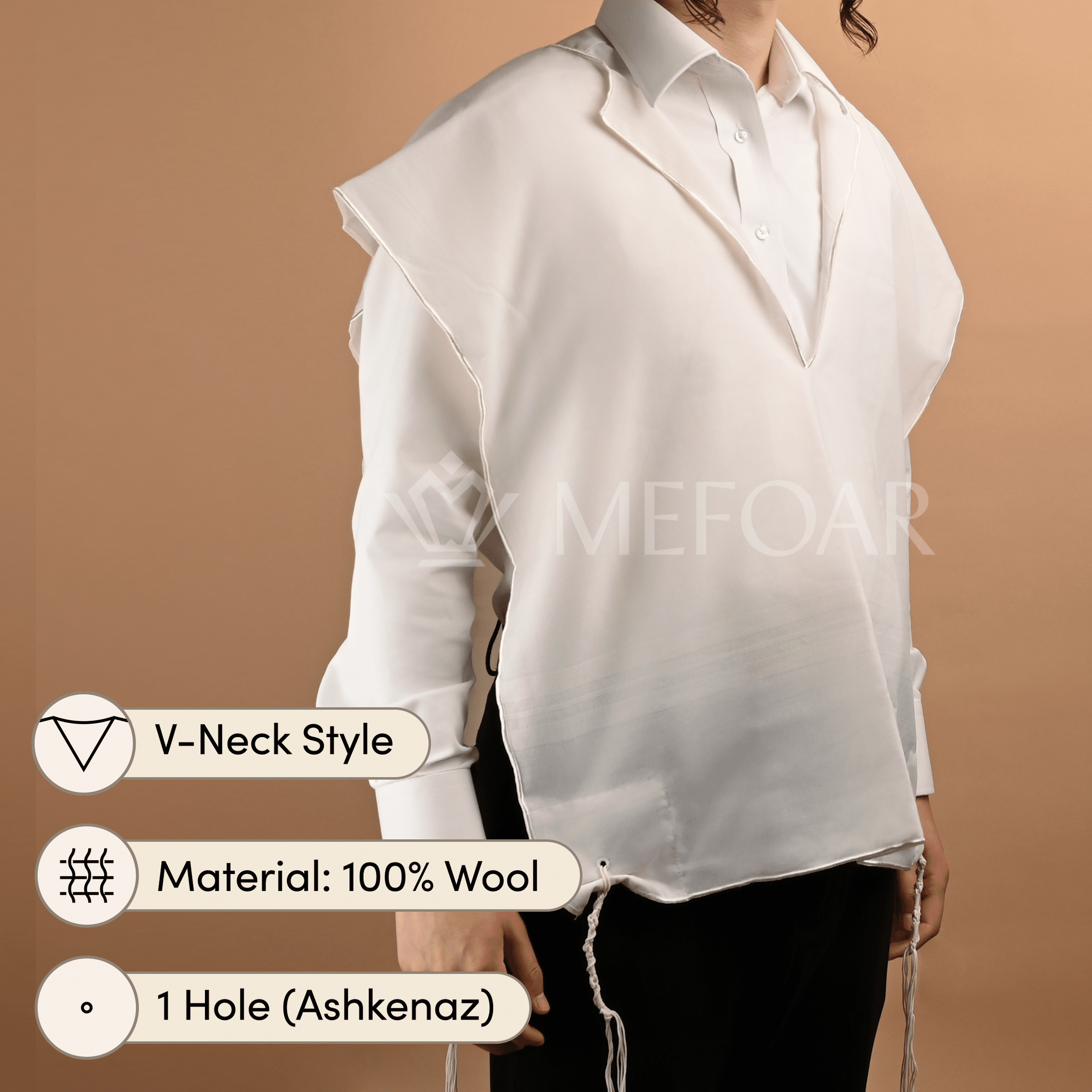 Wool White on White Tzitzis, V Neck, 1 Hole mefoar-online