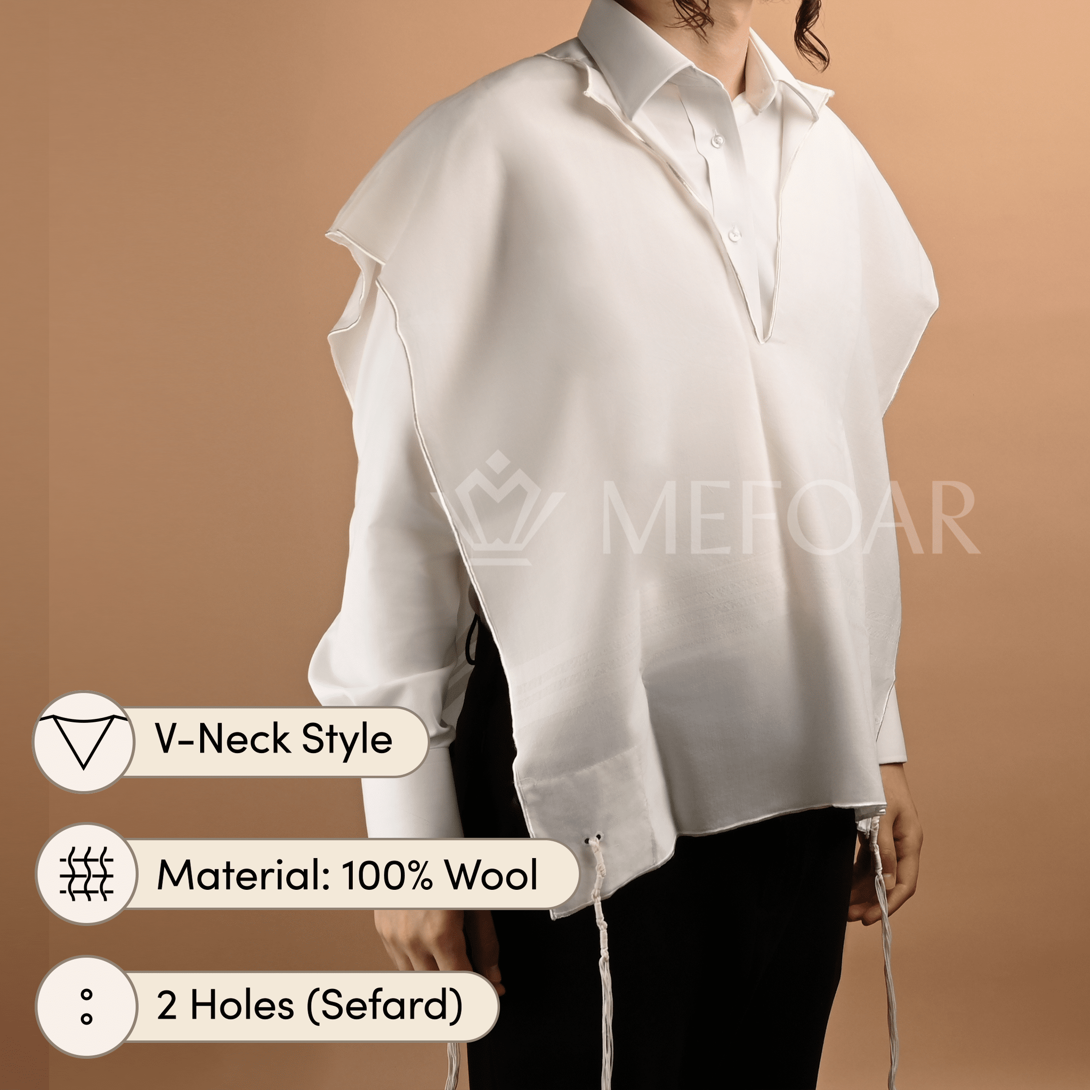 Wool White on White Tzitzis, V Neck, 2 Hole mefoar-online
