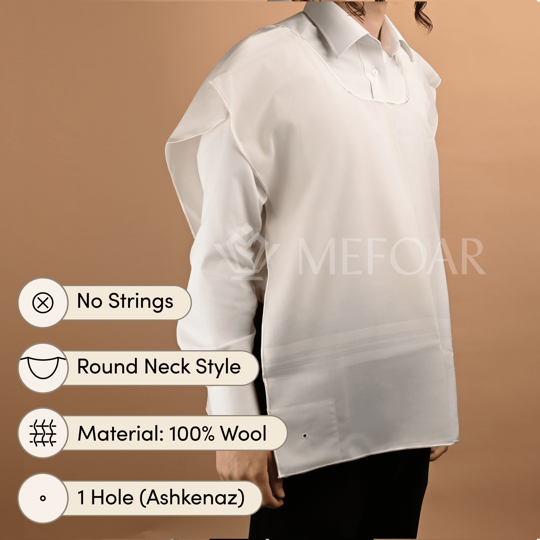 Wool White on White Tzitzis, Round Neck, 1 Hole mefoar-online