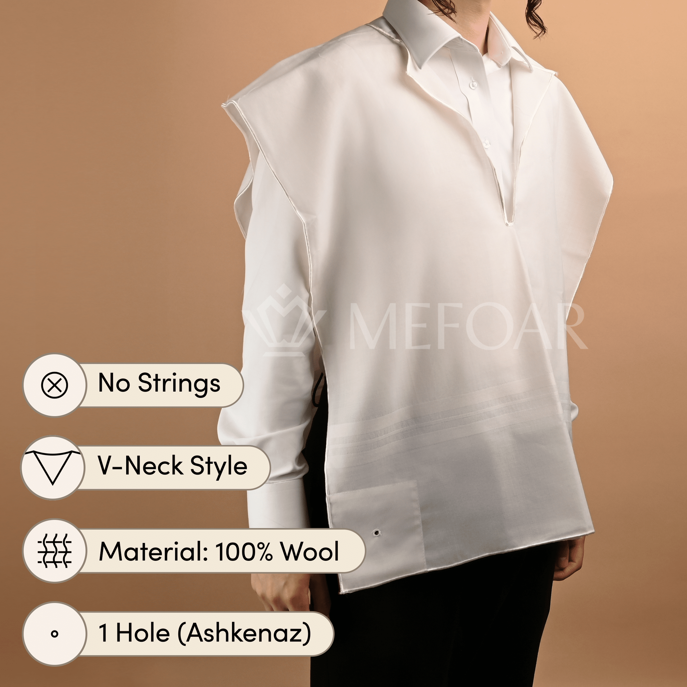 Wool White on White Tzitzis, V Neck, 1 Hole mefoar-online