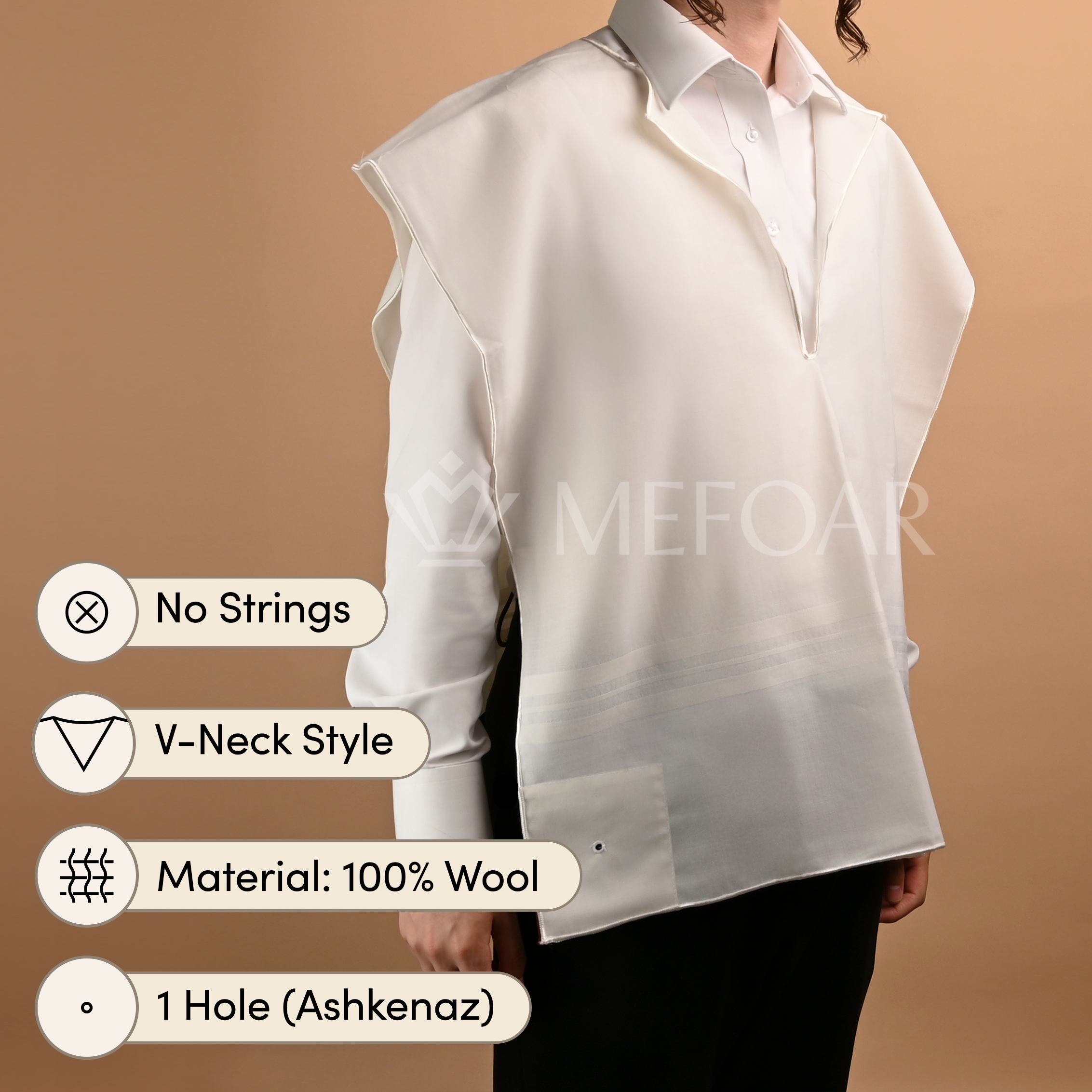 Wool White on White Tzitzis, V Neck, 1 Hole
