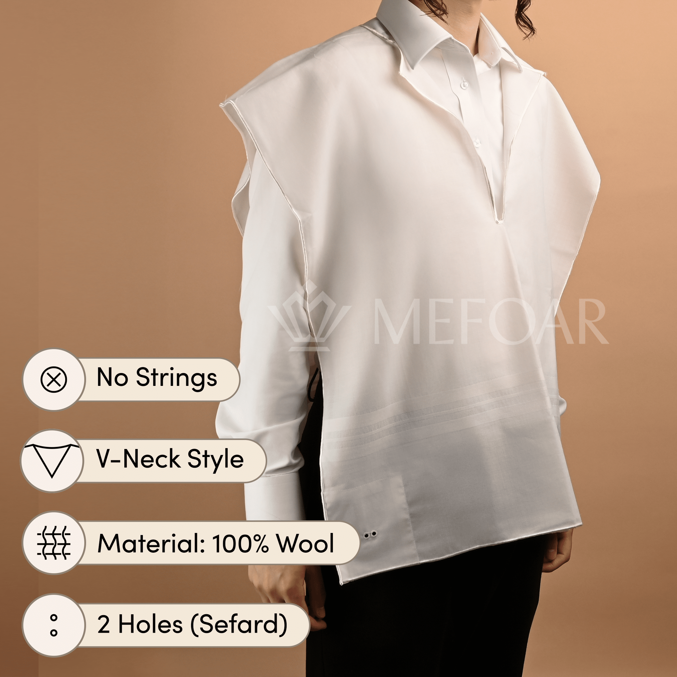 Wool White on White Tzitzis, V Neck, 2 Hole mefoar-online