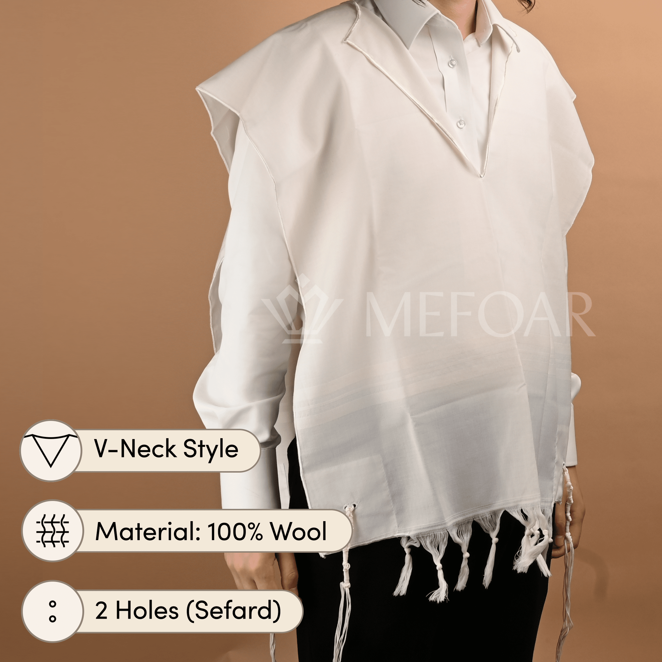 Wool White on White Tzitzis, V Neck, 2 Hole mefoar-online