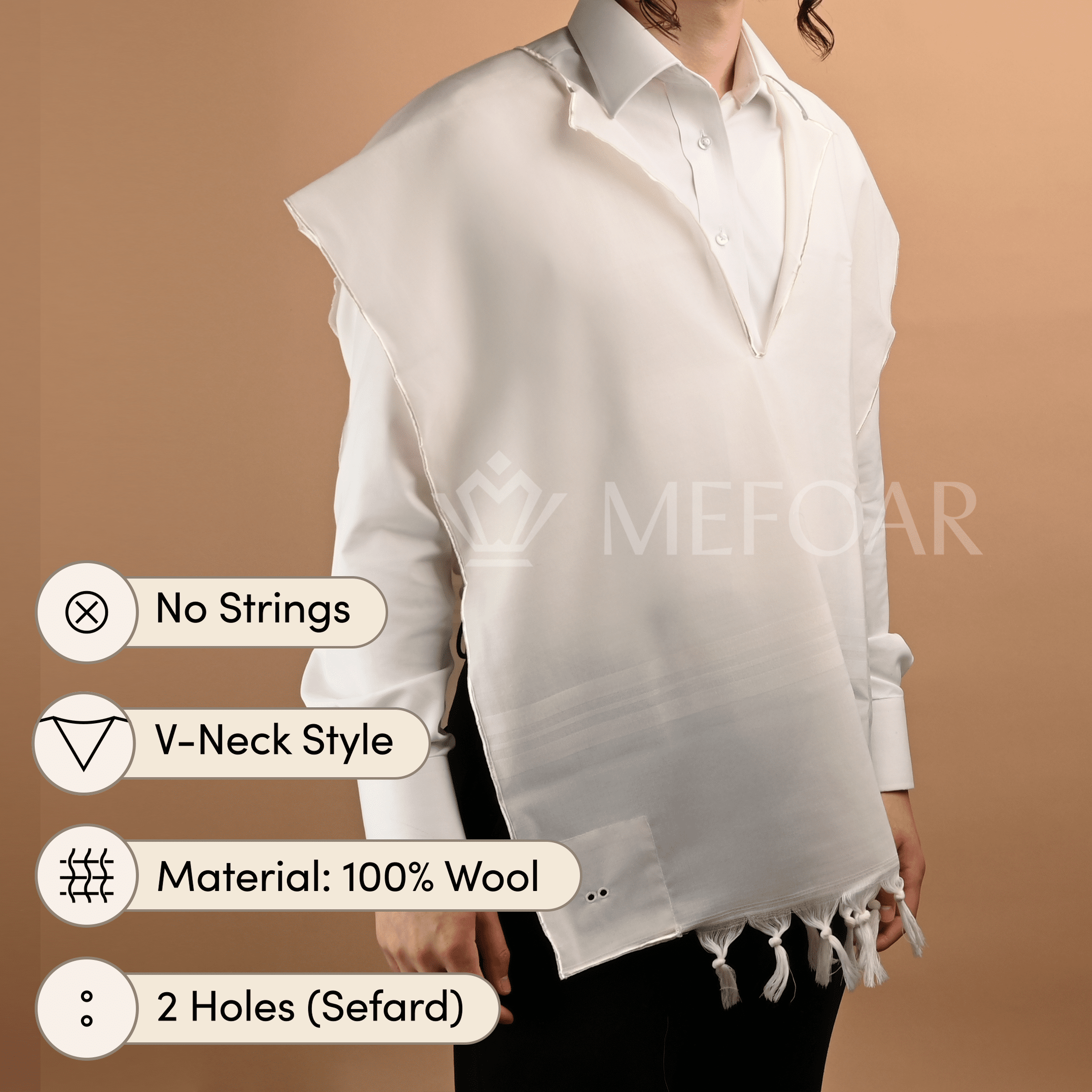 Wool White on White Tzitzis, V Neck, 2 Hole mefoar-online